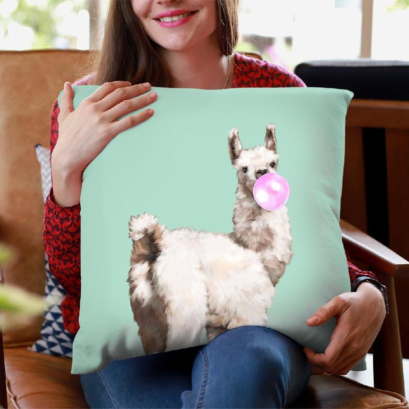 Baby Llama Blowing Bubble Gum Throw Pillow by Big Nose Work