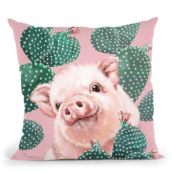 Baby Pig with Cactus in Pink Throw Pillow by Big Nose Work