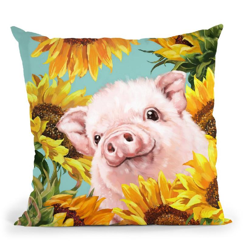 Baby Pig with Sunflowers Throw Pillow by Big Nose Work