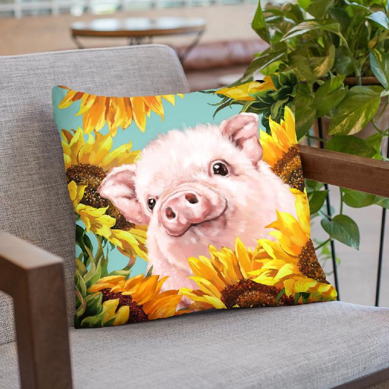 Baby Pig with Sunflowers Throw Pillow by Big Nose Work