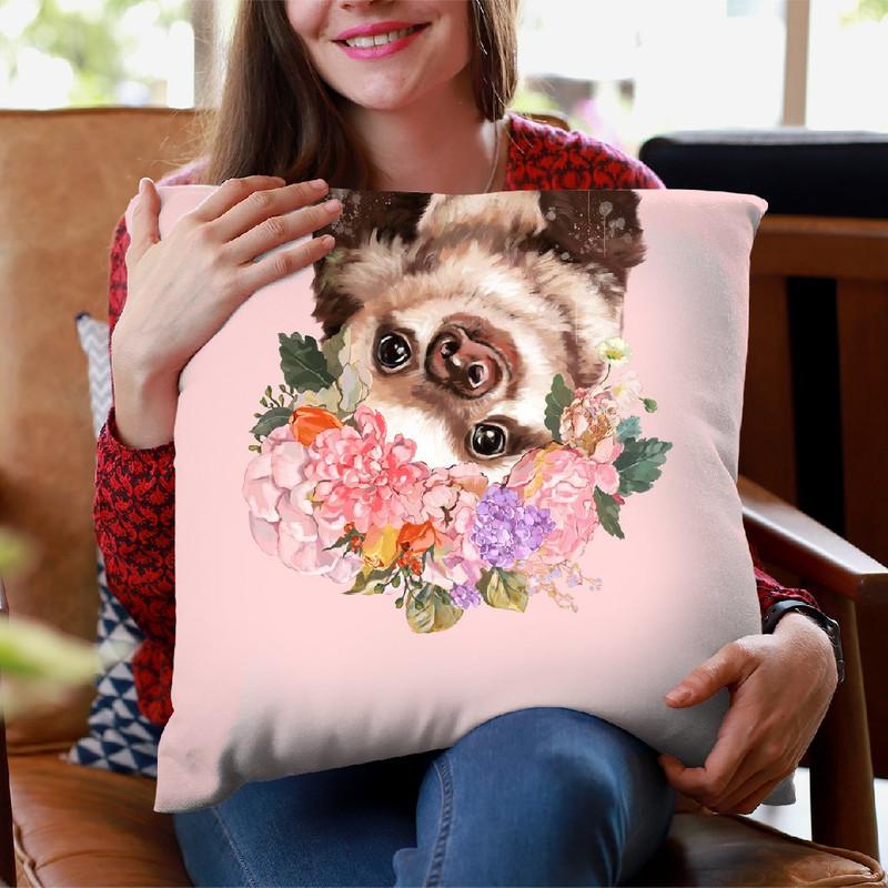baby Sloth with Flower Crown in Green Throw Pillow by Big Nose Work