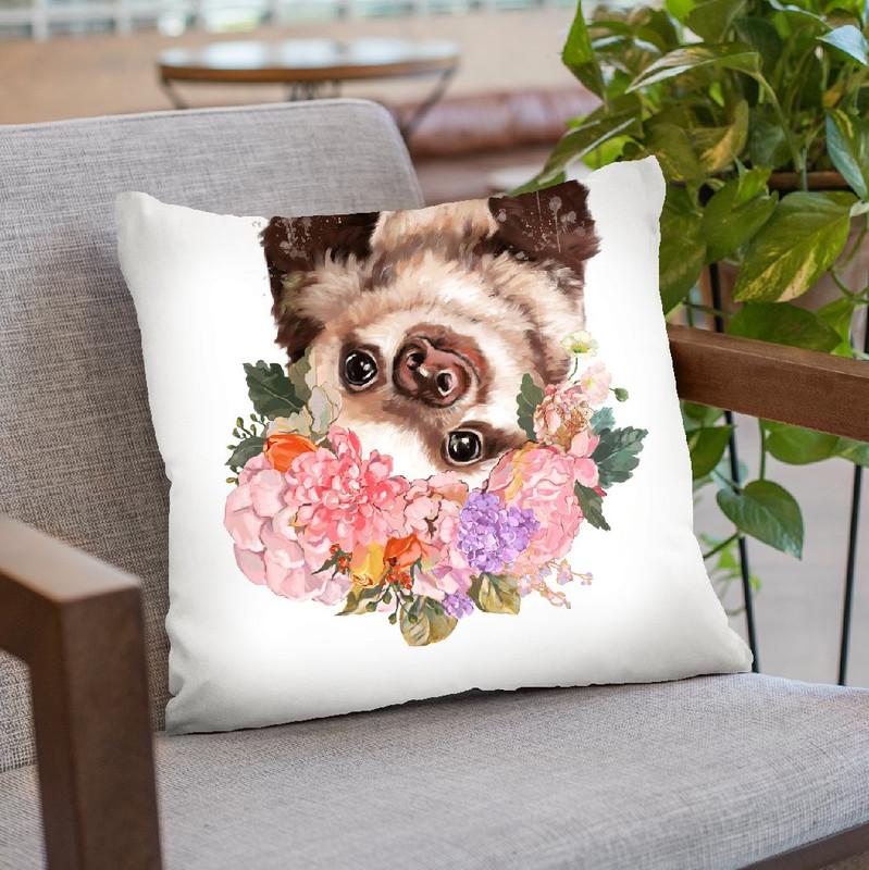 Baby Sloth with Flower Crown Throw Pillow by Big Nose Work