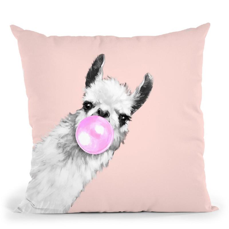 Black and White Sneaky Llama with Bubble Gum in  Throw Pillow by Big Nose Work