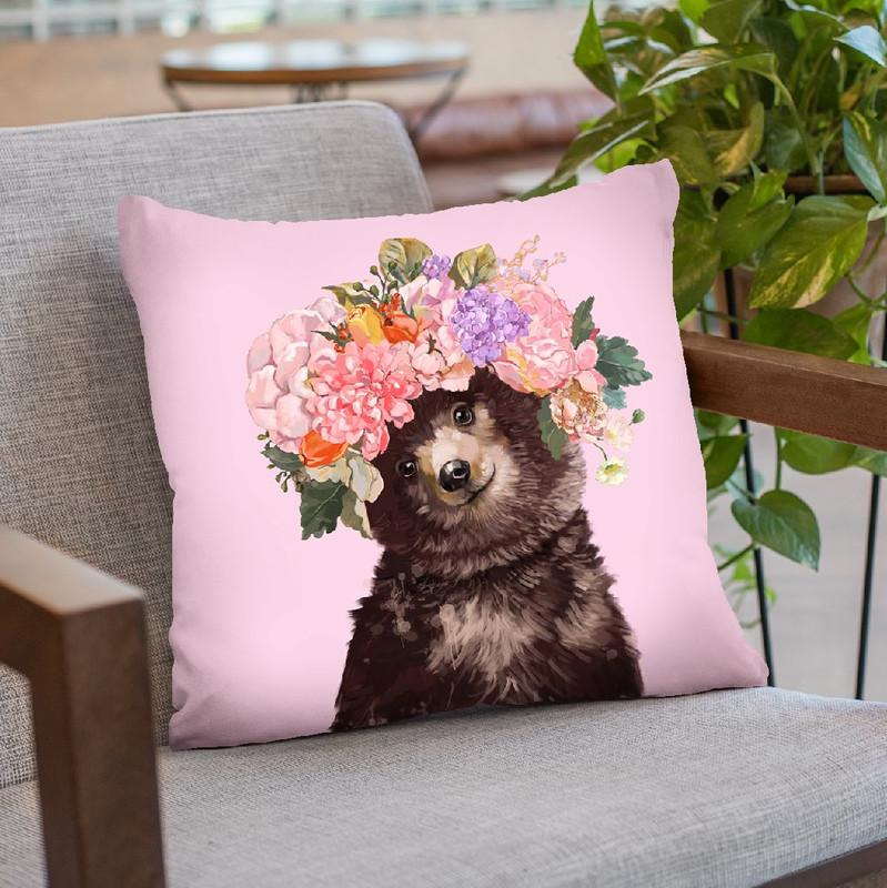 Baby Bear with Flower Crown in Pink2 Throw Pillow by Big Nose Work