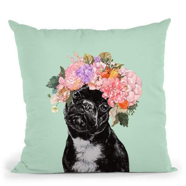 Bulldog with Flower Crown in Green Throw Pillow by Big Nose Work