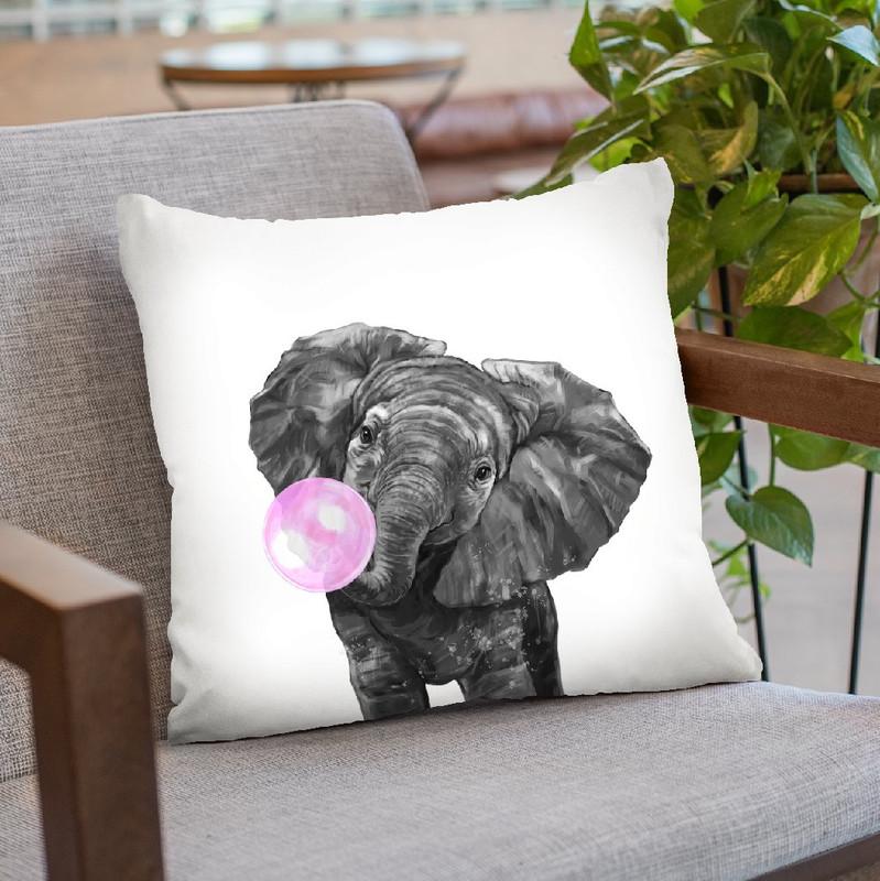 Elephant with Bubble Gum Black and White Throw Pillow by Big Nose Work