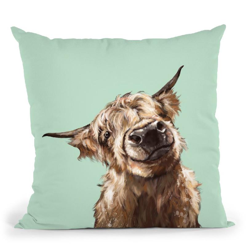 Highland Cow in Green Throw Pillow by Big Nose Work