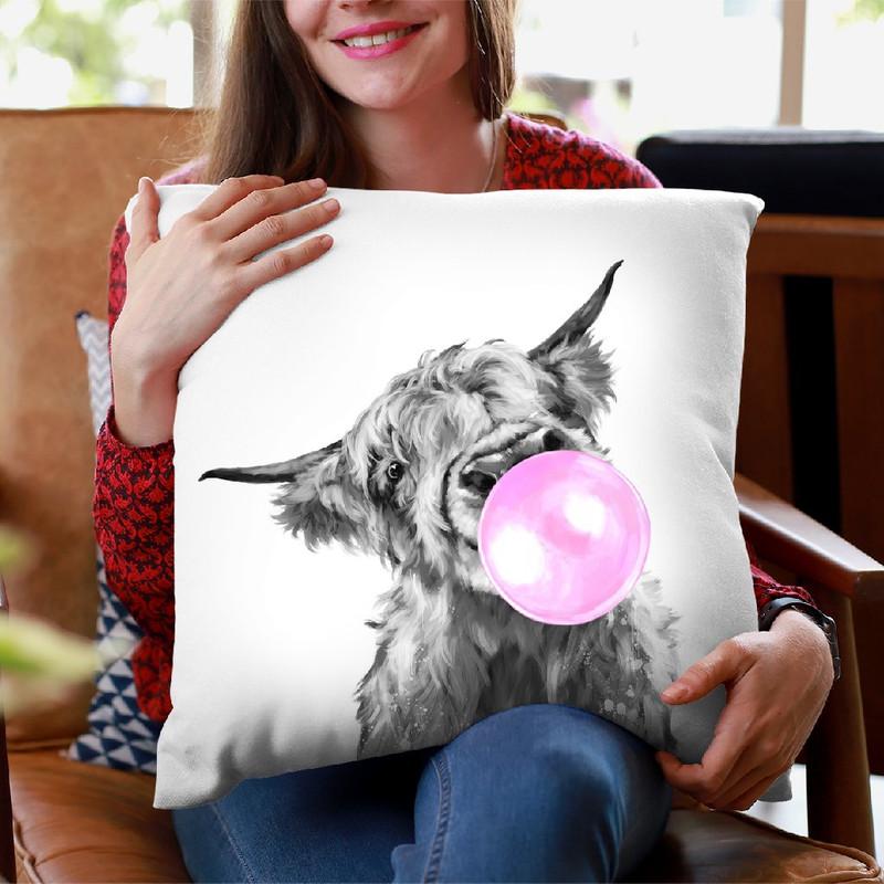 Highland Cow with Bubble Gum Black and White Throw Pillow by Big Nose Work