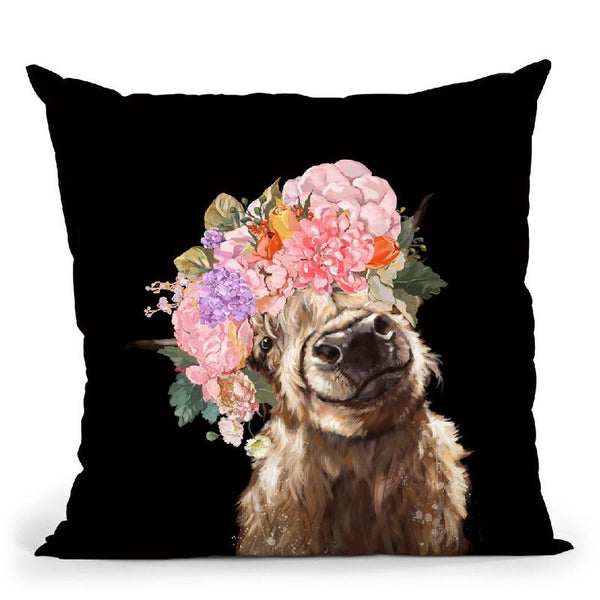Highland Cow with Flower Crown in Black Throw Pillow by Big Nose Work