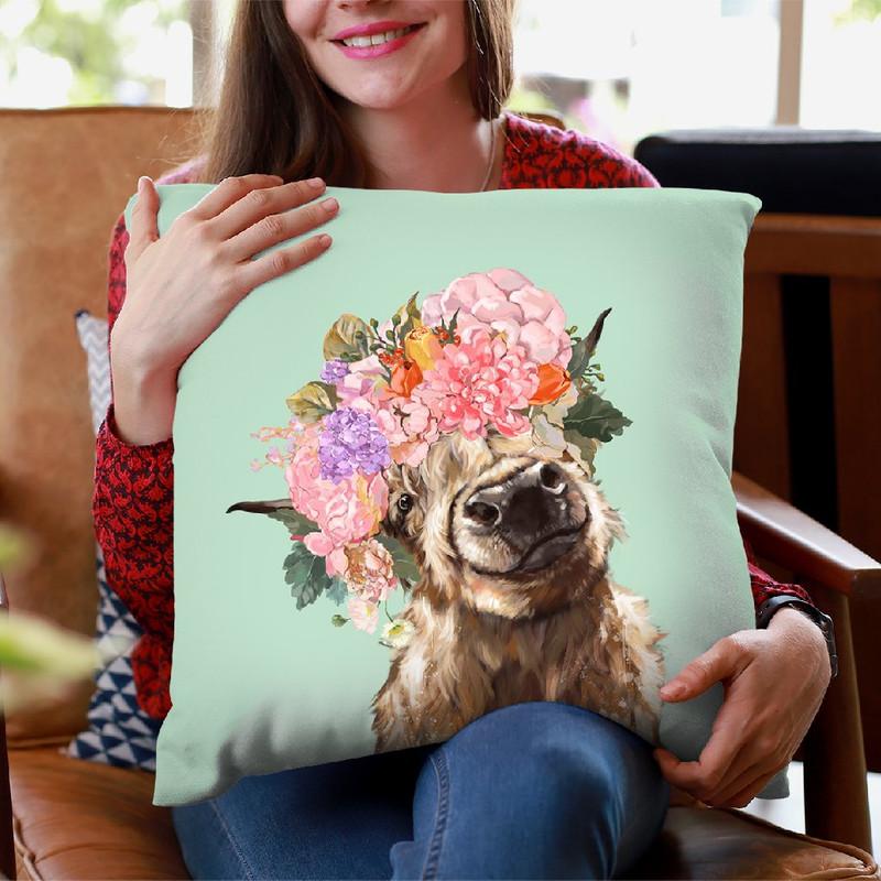 Highland Cow with Flower Crown in Green Throw Pillow by Big Nose Work