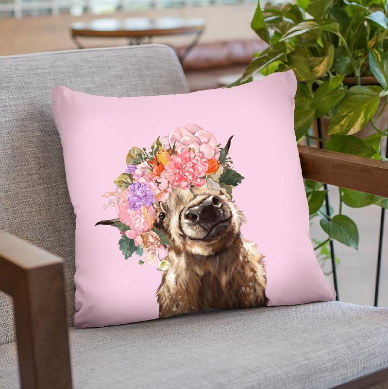 Highland Cow with Flower Crown in Pink Throw Pillow by Big Nose Work