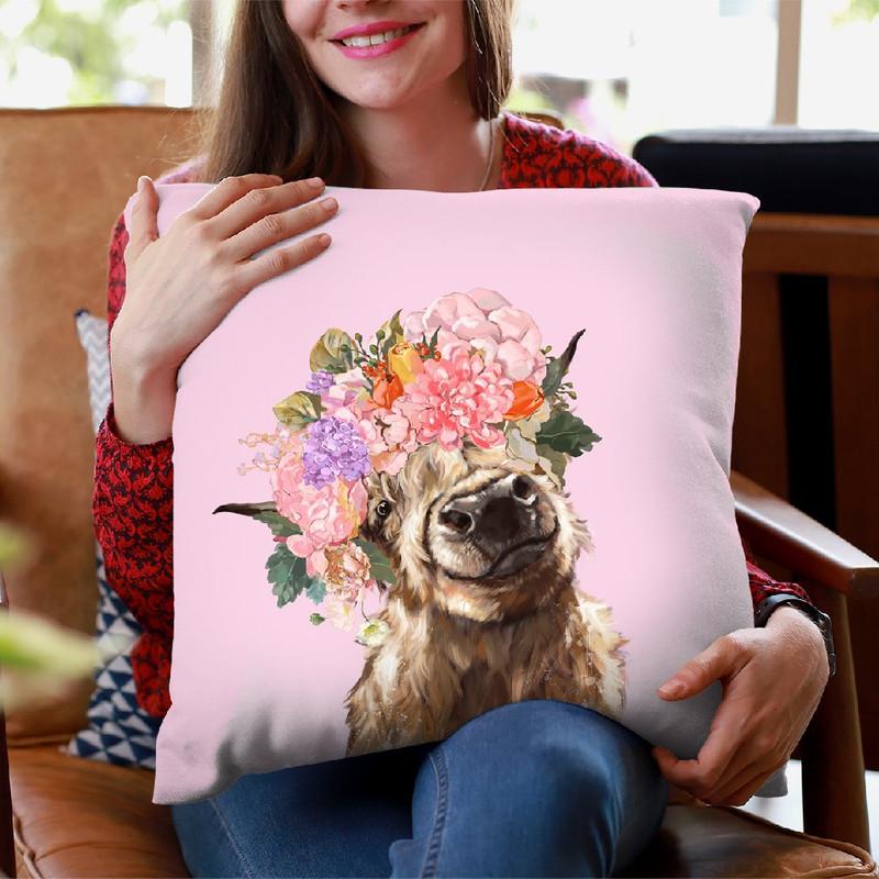 Highland Cow with Flower Crown in Pink Throw Pillow by Big Nose Work