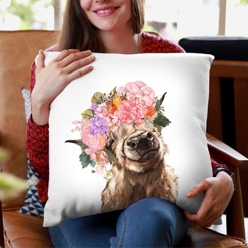 Highland Cow with Flower Crown Throw Pillow by Big Nose Work