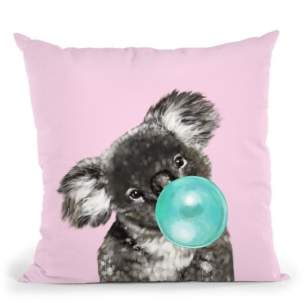 Koala Bear with Bubble Gum in Pink Throw Pillow by Big Nose Work