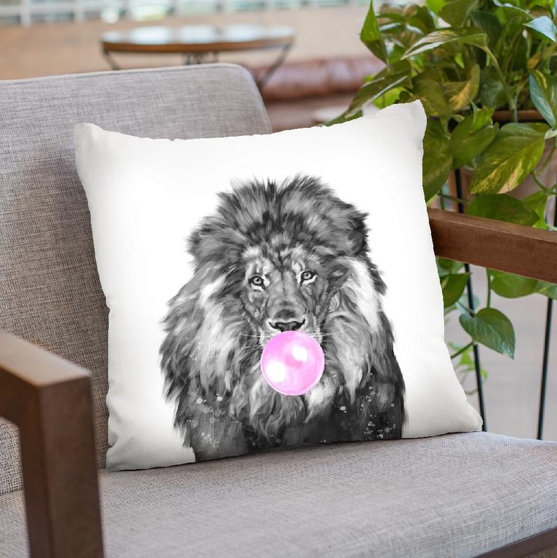 Lion with Bubble Gum Black and White Throw Pillow by Big Nose Work