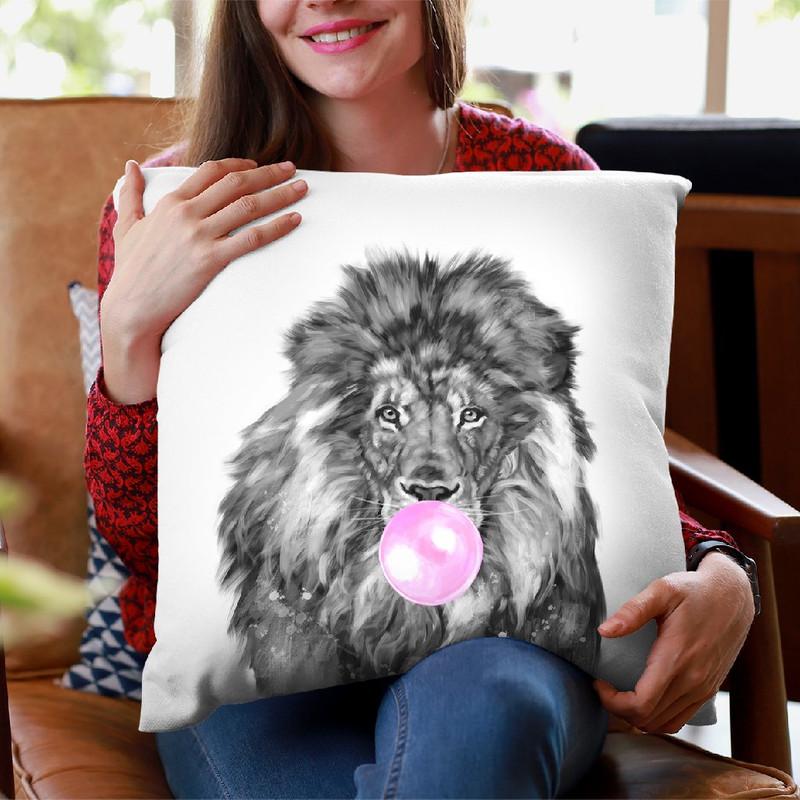 Lion with Bubble Gum Black and White Throw Pillow by Big Nose Work