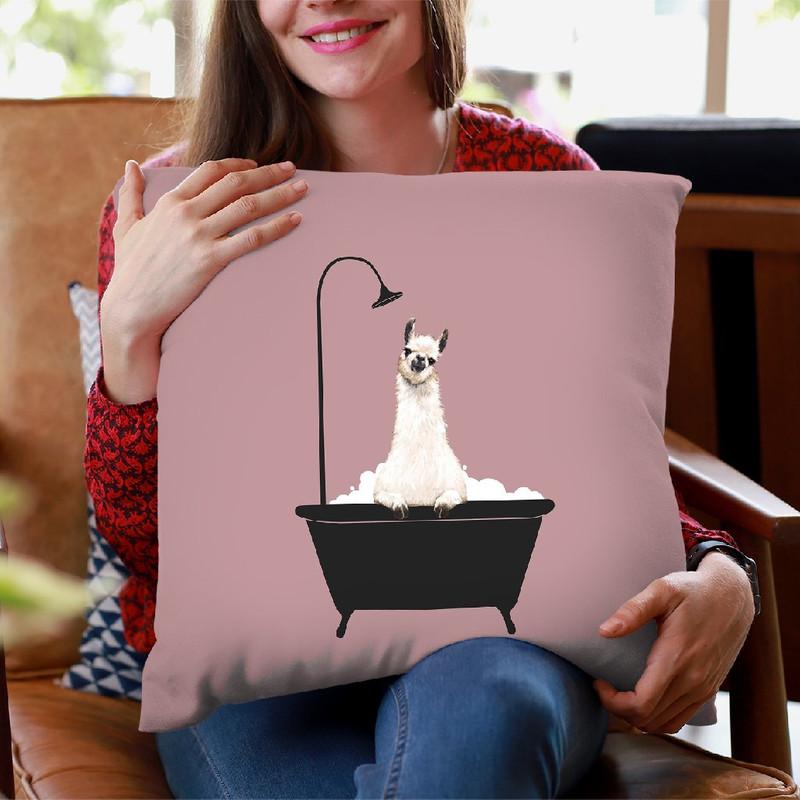 Llama in Bath Tub Throw Pillow by Big Nose Work