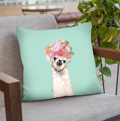 Llama with Flower Crown in Green Throw Pillow by Big Nose Work