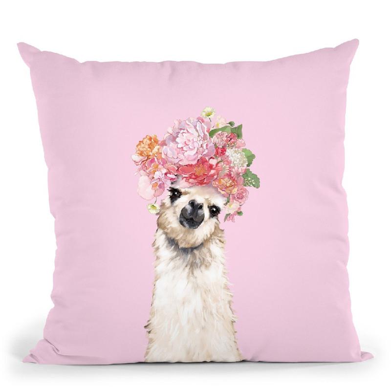 Llama with Flower Crown in Pink Throw Pillow by Big Nose Work