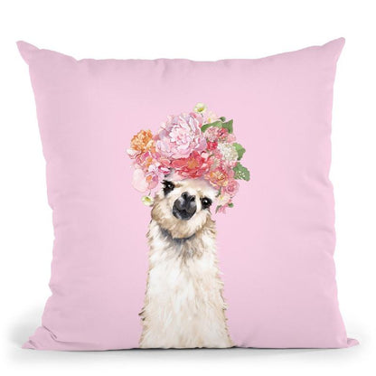 Llama with Flower Crown in Pink Throw Pillow by Big Nose Work
