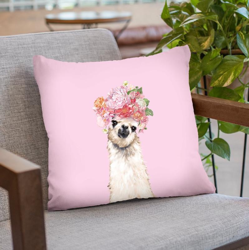 Llama with Flower Crown in Pink Throw Pillow by Big Nose Work