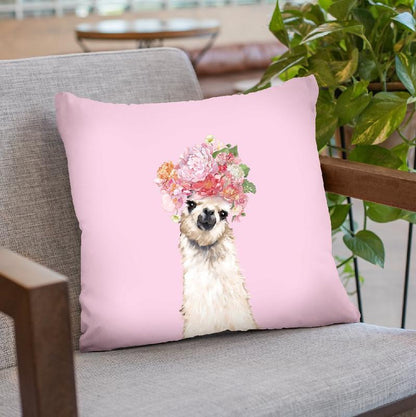 Llama with Flower Crown in Pink Throw Pillow by Big Nose Work
