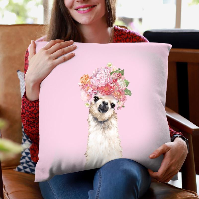 Llama with Flower Crown in Pink Throw Pillow by Big Nose Work
