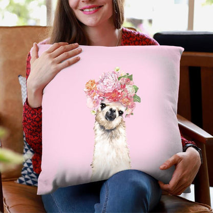 Llama with Flower Crown in Pink Throw Pillow by Big Nose Work