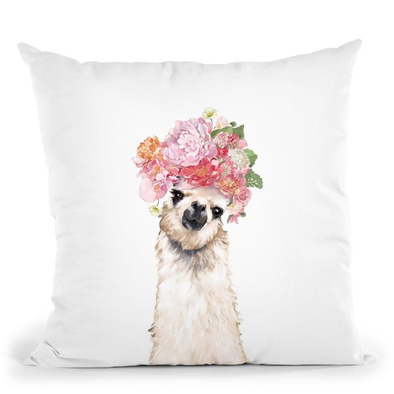 Llama with Flower Crown Throw Pillow by Big Nose Work