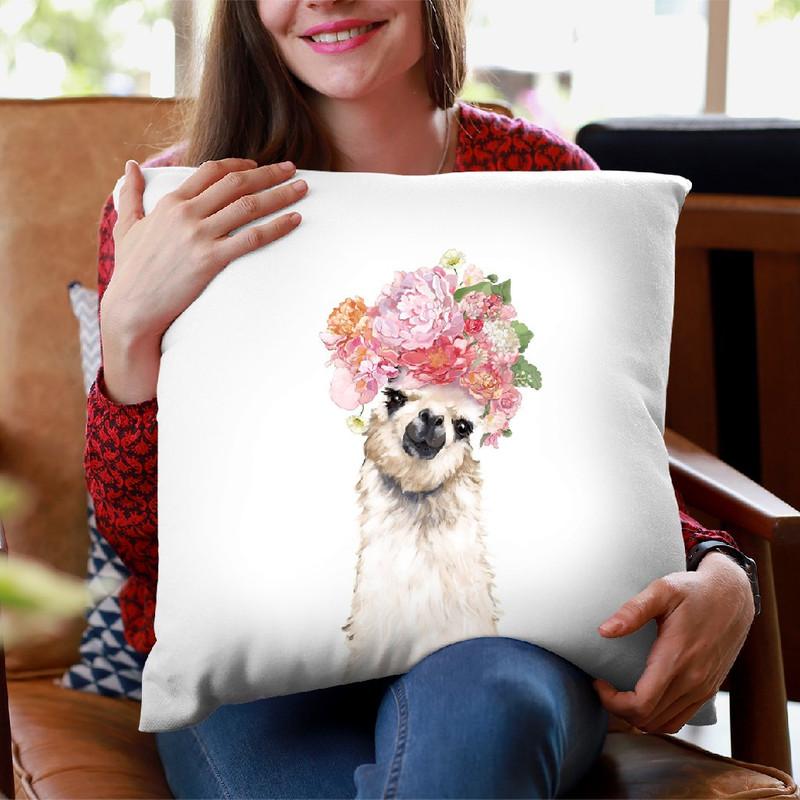 Llama with Flower Crown Throw Pillow by Big Nose Work