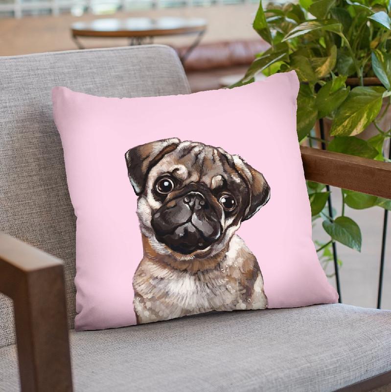 Melanconic Pug in Pink Throw Pillow by Big Nose Work
