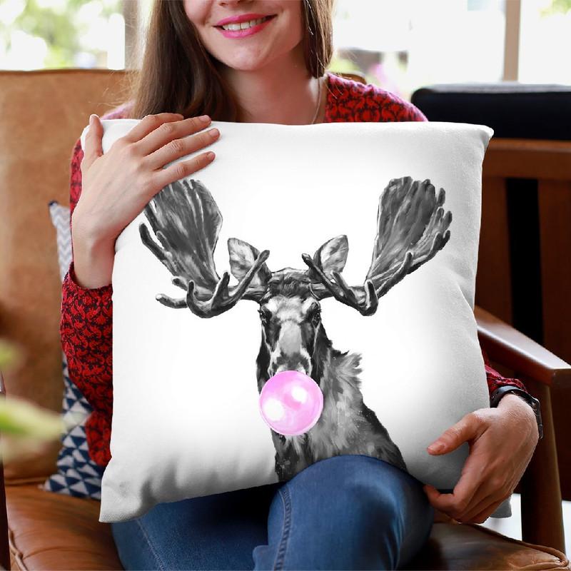 Moose with Bubble Gum Black and White Throw Pillow by Big Nose Work