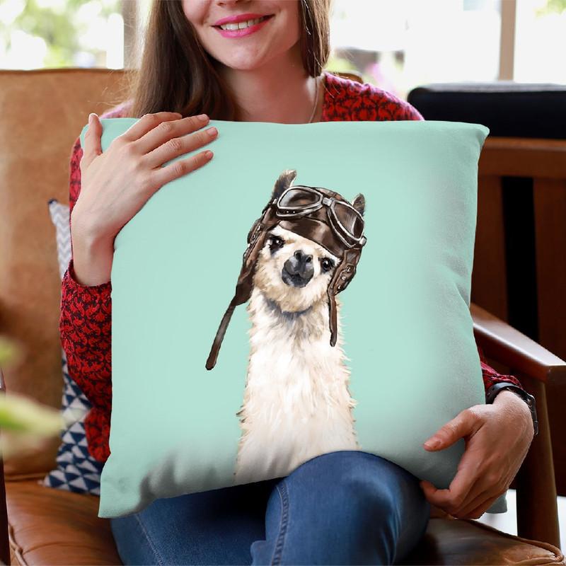 Pilot Llama in Green Throw Pillow by Big Nose Work