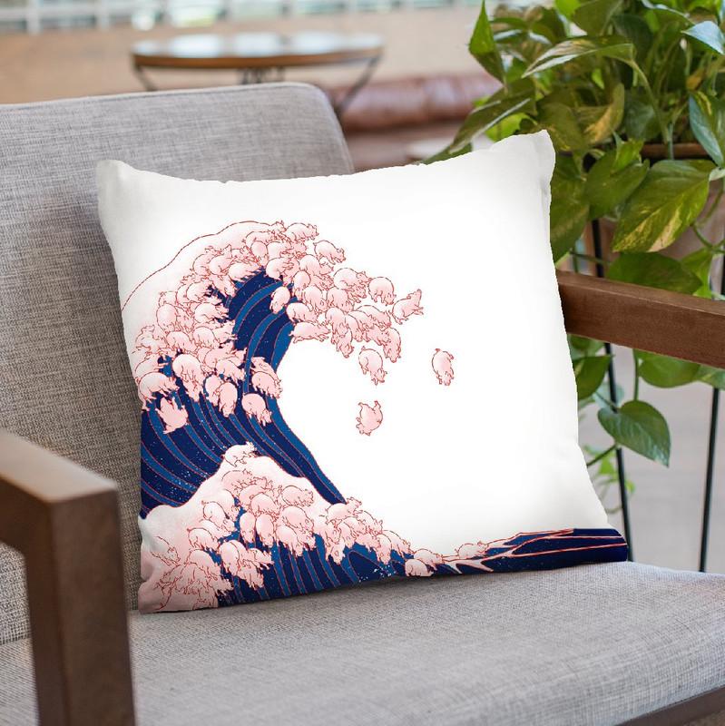 Pink Pigs Waves in White Throw Pillow by Big Nose Work