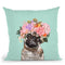 Pug with Flower Crown in Green Throw Pillow by Big Nose Work