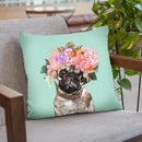 Pug with Flower Crown in Green Throw Pillow by Big Nose Work