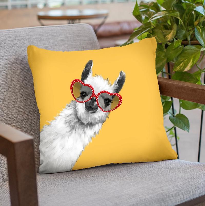 Retro Llama in Yellow Throw Pillow by Big Nose Work