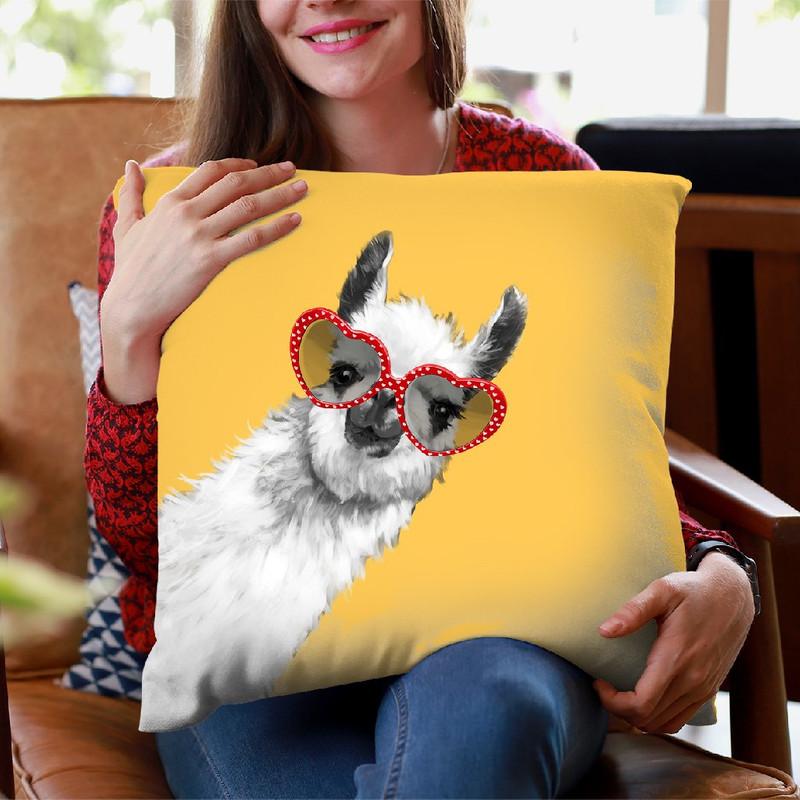 Retro Llama in Yellow Throw Pillow by Big Nose Work