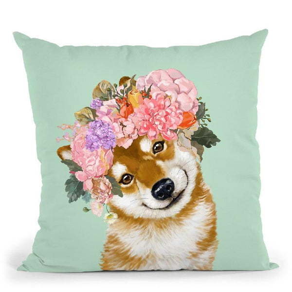 Shiba Inu with Flower Crown in Green Throw Pillow by Big Nose Work