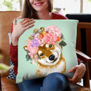 Shiba Inu with Flower Crown in Green Throw Pillow by Big Nose Work
