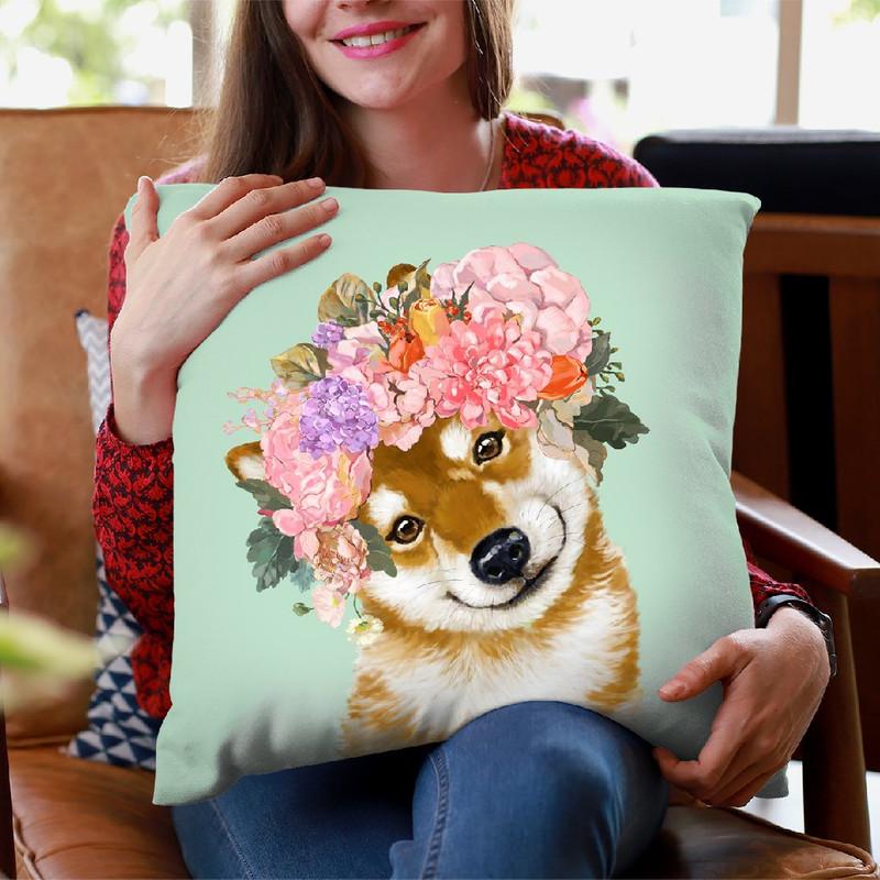 Shiba Inu with Flower Crown in Green Throw Pillow by Big Nose Work