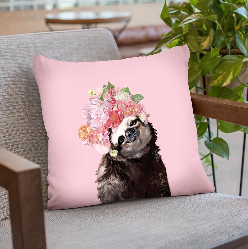 Sloth with Flower Crown in Pink Throw Pillow by Big Nose Work