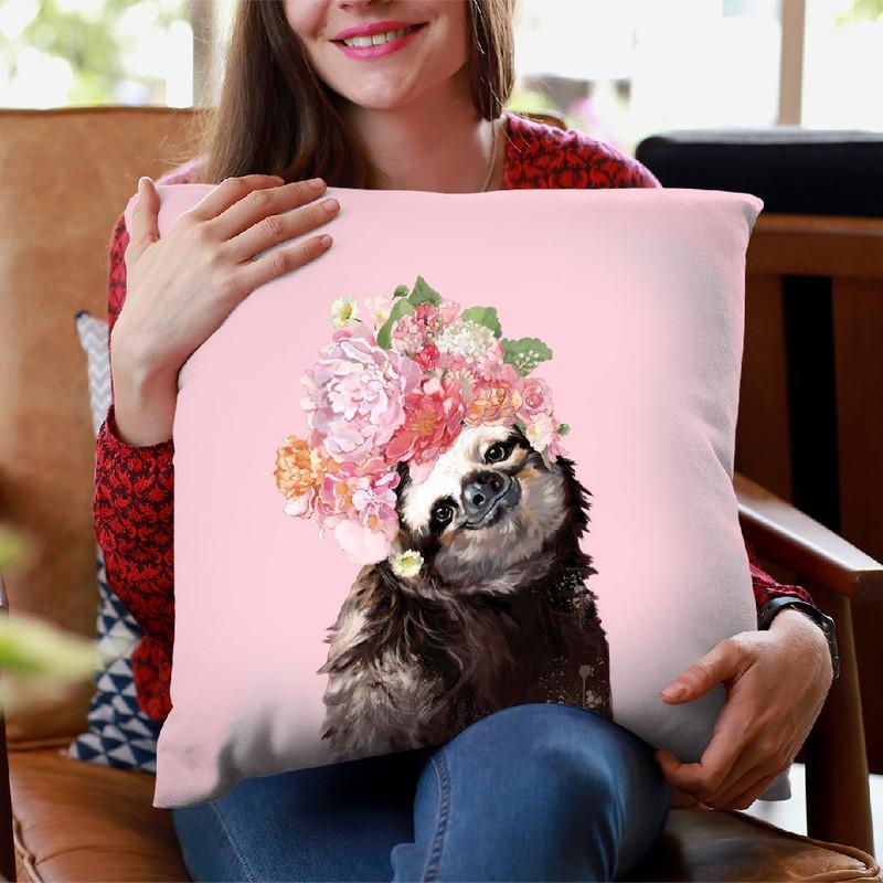 Sloth with Flower Crown in Pink Throw Pillow by Big Nose Work