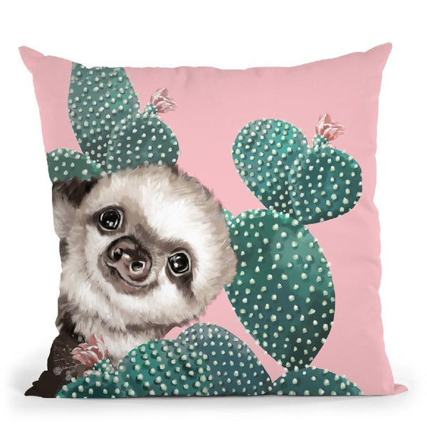 Sneaky Baby Sloth with Cactus Throw Pillow by Big Nose Work