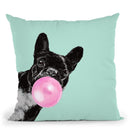 Sneaky Bulldog with Bubble Gum in Green Throw Pillow by Big Nose Work