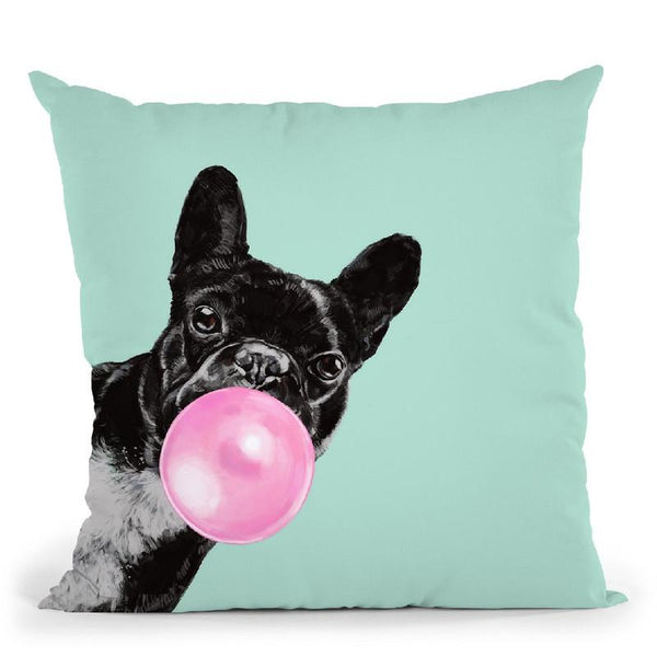 Sneaky Bulldog with Bubble Gum in Green Throw Pillow by Big Nose Work
