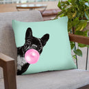 Sneaky Bulldog with Bubble Gum in Green Throw Pillow by Big Nose Work