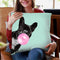 Sneaky Bulldog with Bubble Gum in Green Throw Pillow by Big Nose Work