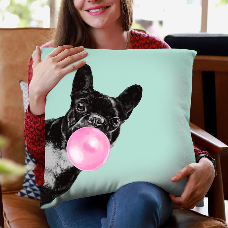 Sneaky Bulldog with Bubble Gum in Green Throw Pillow by Big Nose Work