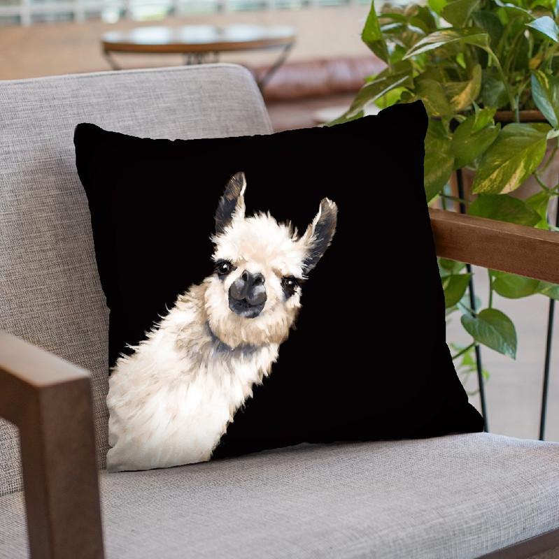 Sneaky Llama Black Throw Pillow by Big Nose Work